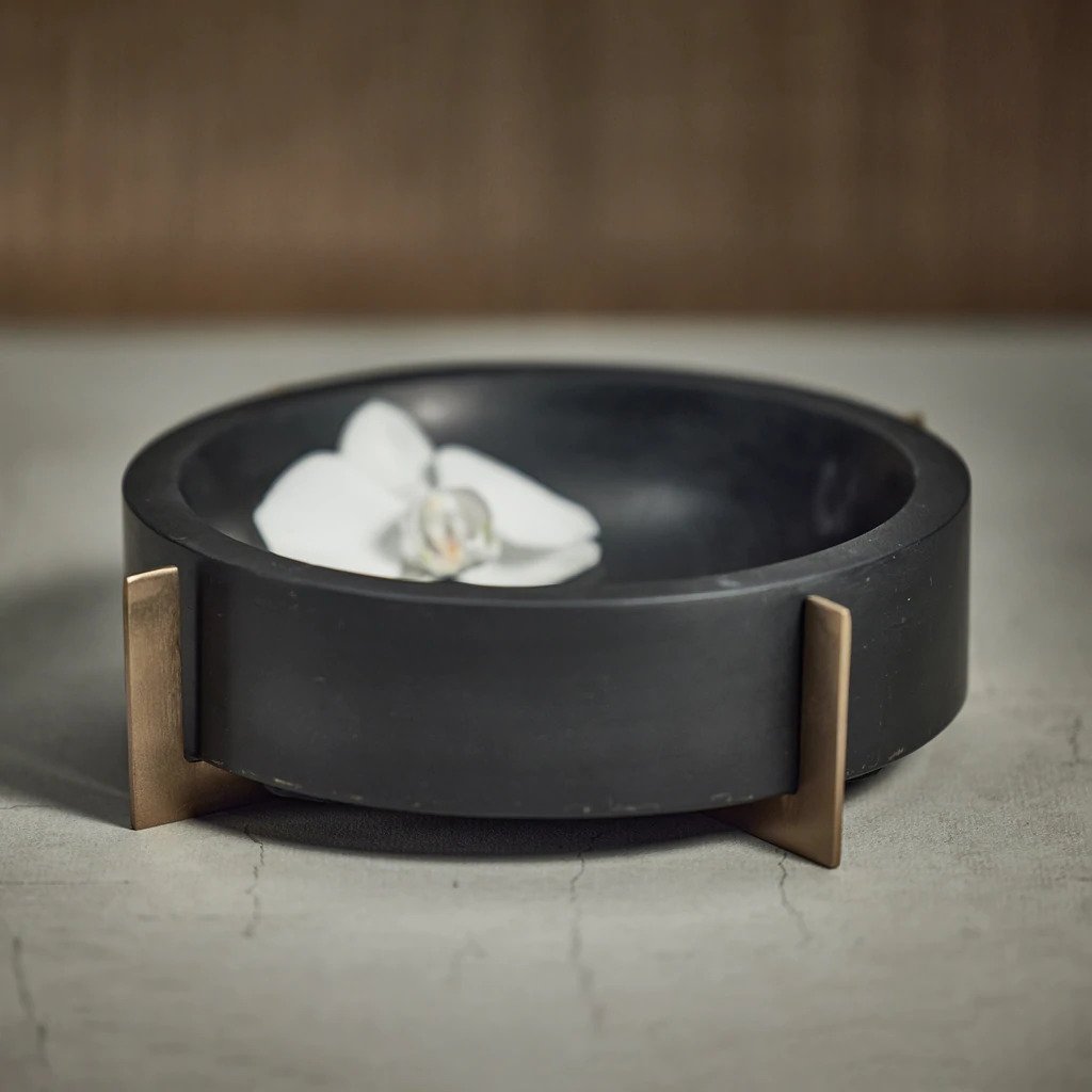 Nairobi Black Marble Bowl on Metal Base - Black and Gold