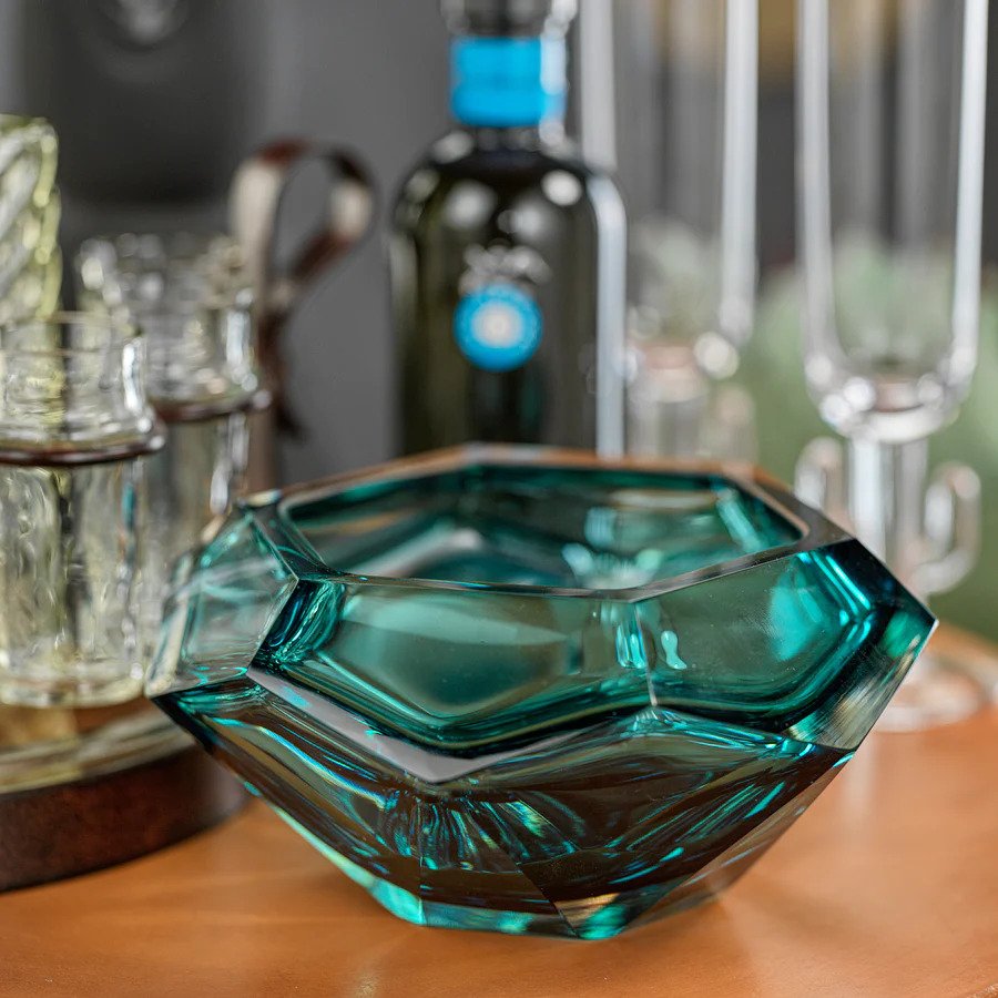 La Bohème Handmade Polished Cut Glass Bowl - Sea Blue