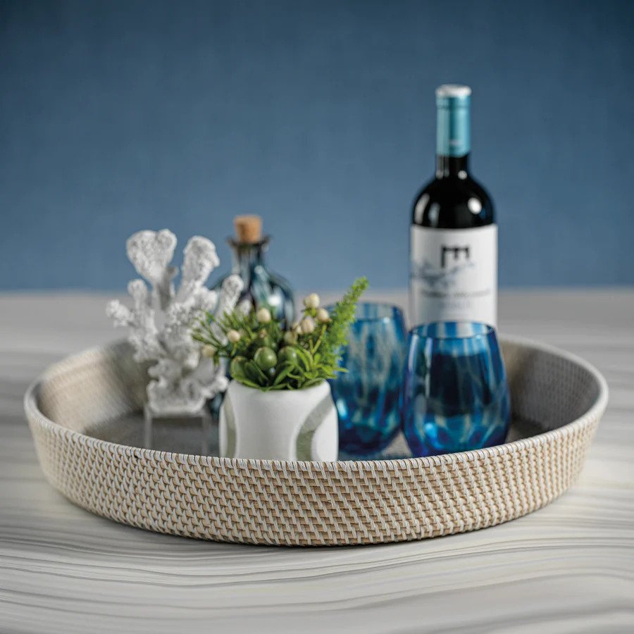 Catalina Tonal Rattan Serving Tray - White, Natural and Gray