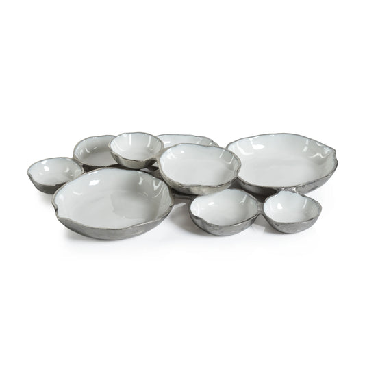 Cluster of Nine Round Serving Bowls - Nickel and White