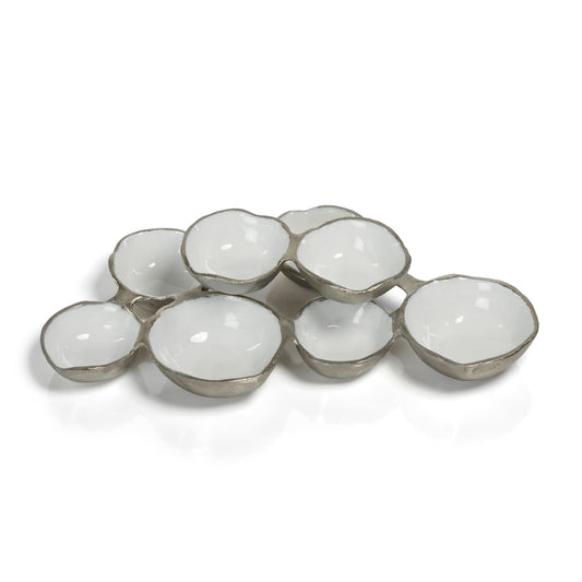 Small Cluster of 8 serving bowls nickel with white