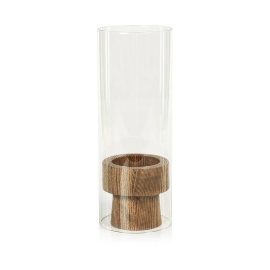West Indies Pillar Holder on Ash Wood Base with Glass Hurricane